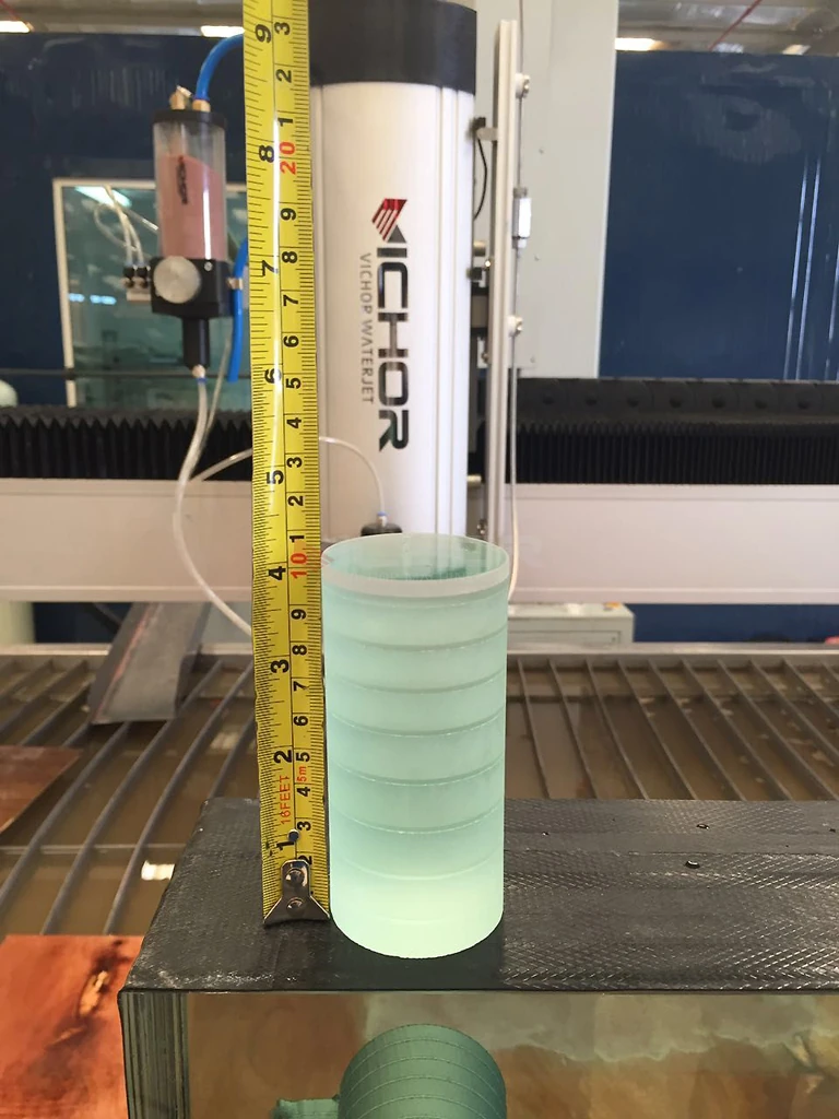 Measuring a laminated glass cylinder after waterjet cutting