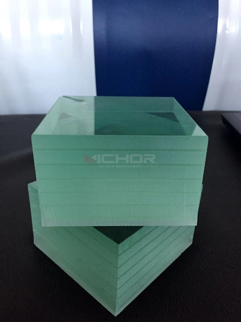 Stacked glass blocks after waterjet cutting